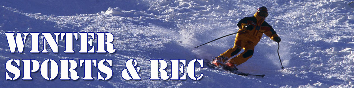 Banner Winter Sports and Rec - Skier coming down a snowy mountain slope